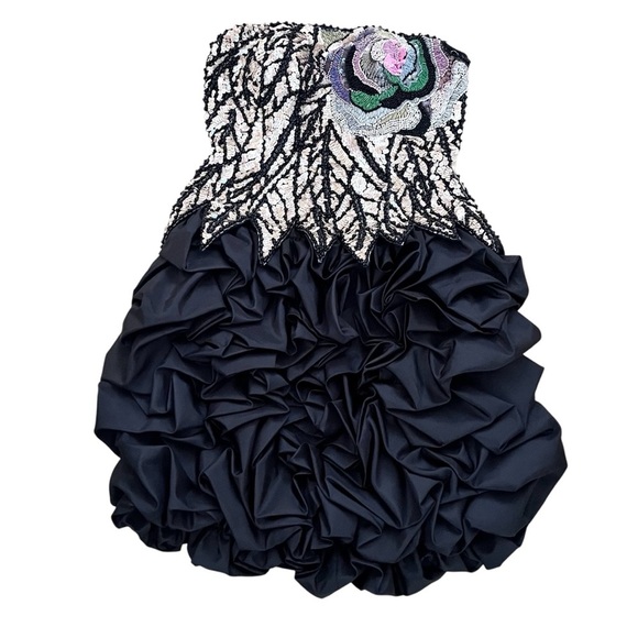 Vintage 1980s Black Bubble Hem Ruffled Boned Strapless Sequin Dress RARE XS - Picture 3 of 16